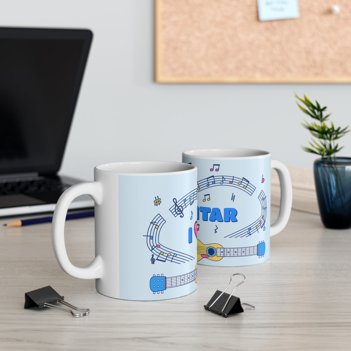 Music-themed Ceramic Mug, 11oz, 15oz: 'I love guitar' - blue
