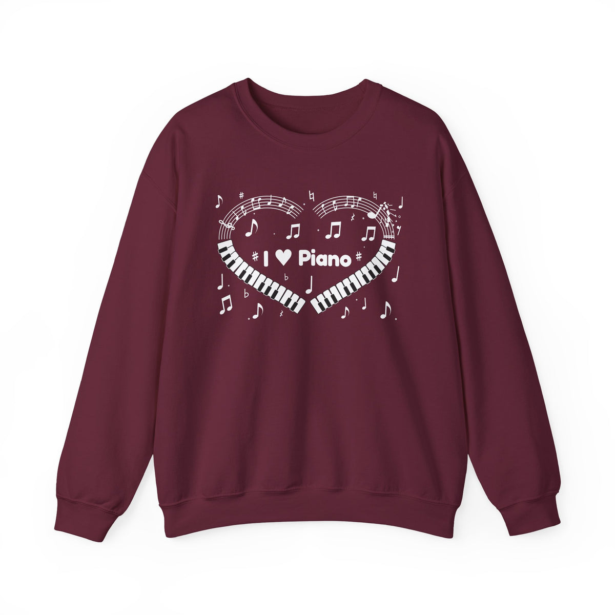 Music-themed Unisex Heavy Blend Crewneck Sweatshirt: 'I love piano' heart - black & white