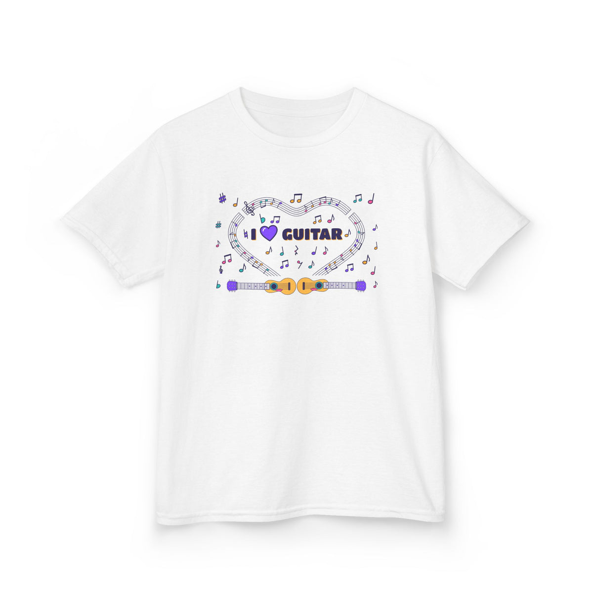 Music-themed Kids Heavy Cotton Tee: 'I love guitar' - violet