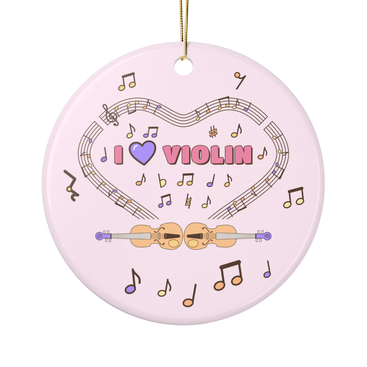 Music-themed Ceramic Ornaments, 1-Side Print: 'I love violin' - pink