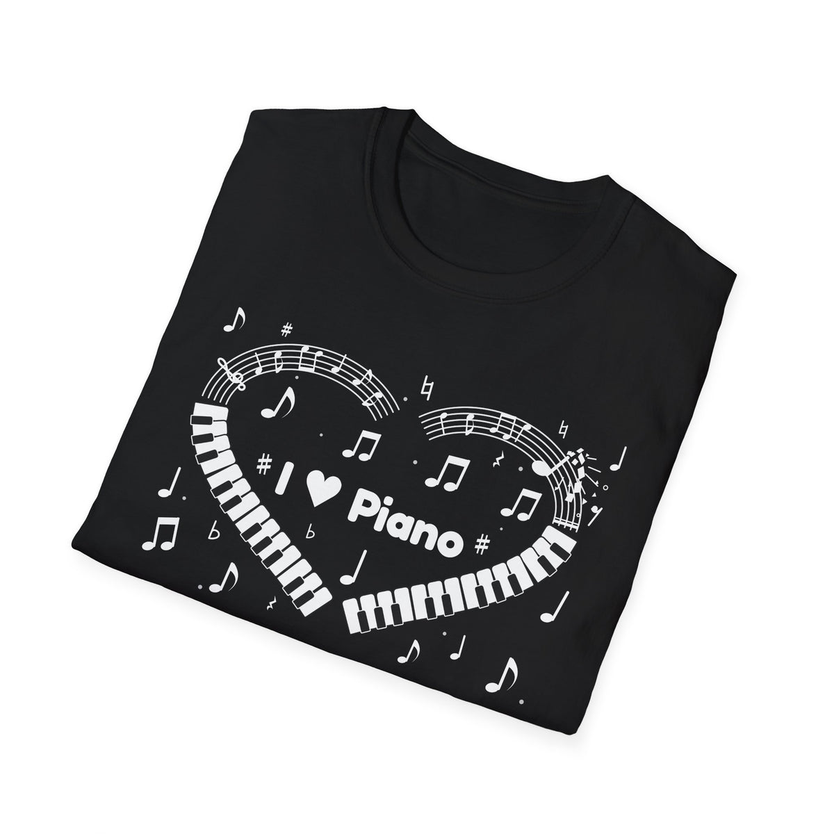 Music-themed Unisex Softstyle T-Shirt: 'I love piano' heart - black & white