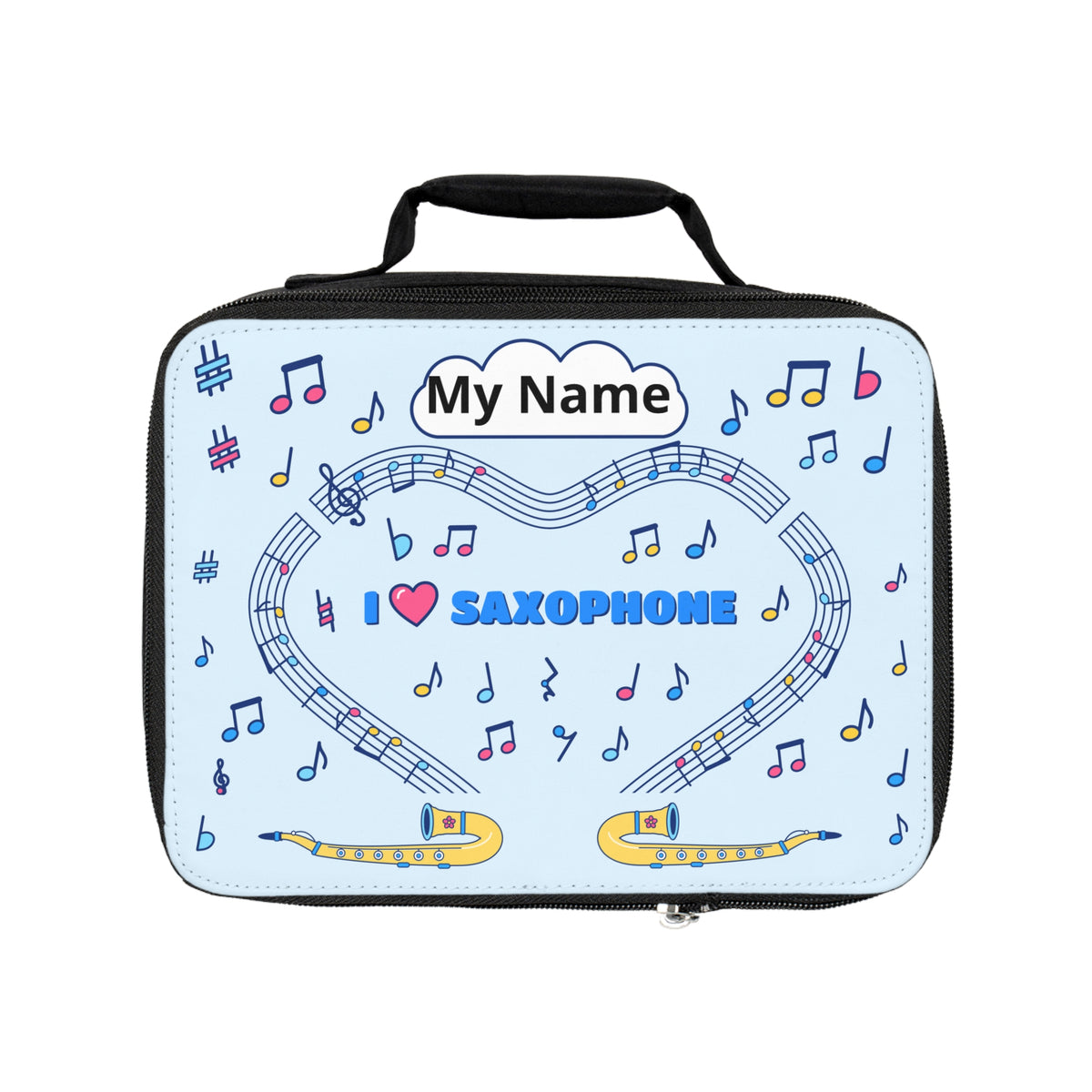 Music-themed Lunch Bag: 'I love saxophone' - blue