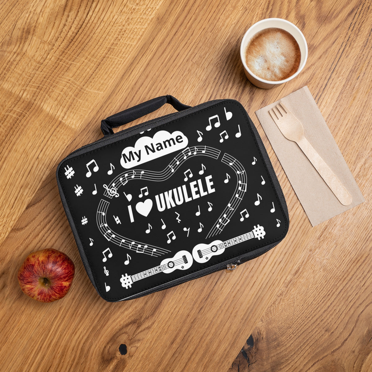 Music-themed Lunch Bag: 'I love ukulele' - black & white