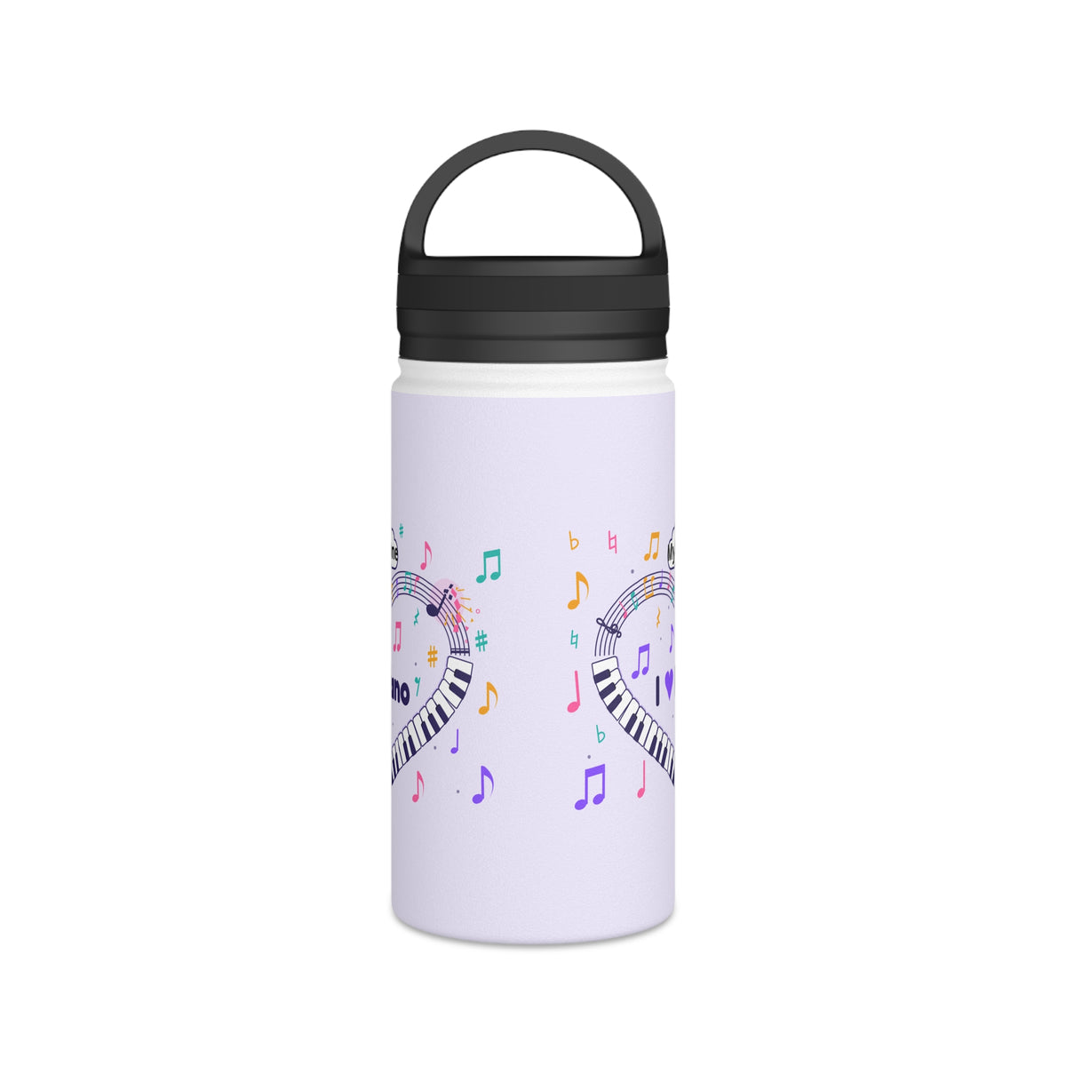 Music-themed Stainless Steel Water Bottle, Handle Lid: 'I love piano' heart - violet