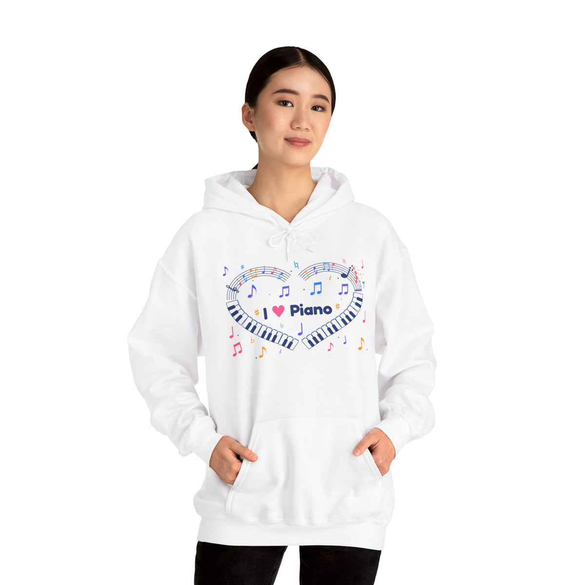 Music-themed Unisex Heavy Blend Hooded Sweatshirt: 'I love piano' heart - blue