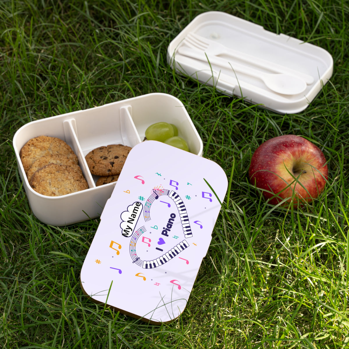 Music-themed Bento Lunch Box: 'I love piano' heart - violet