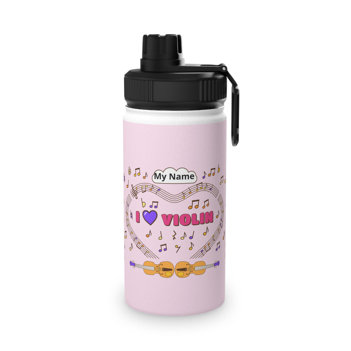 Music-themed Stainless Steel Water Bottle, Sports Lid: 'I love violin' - pink