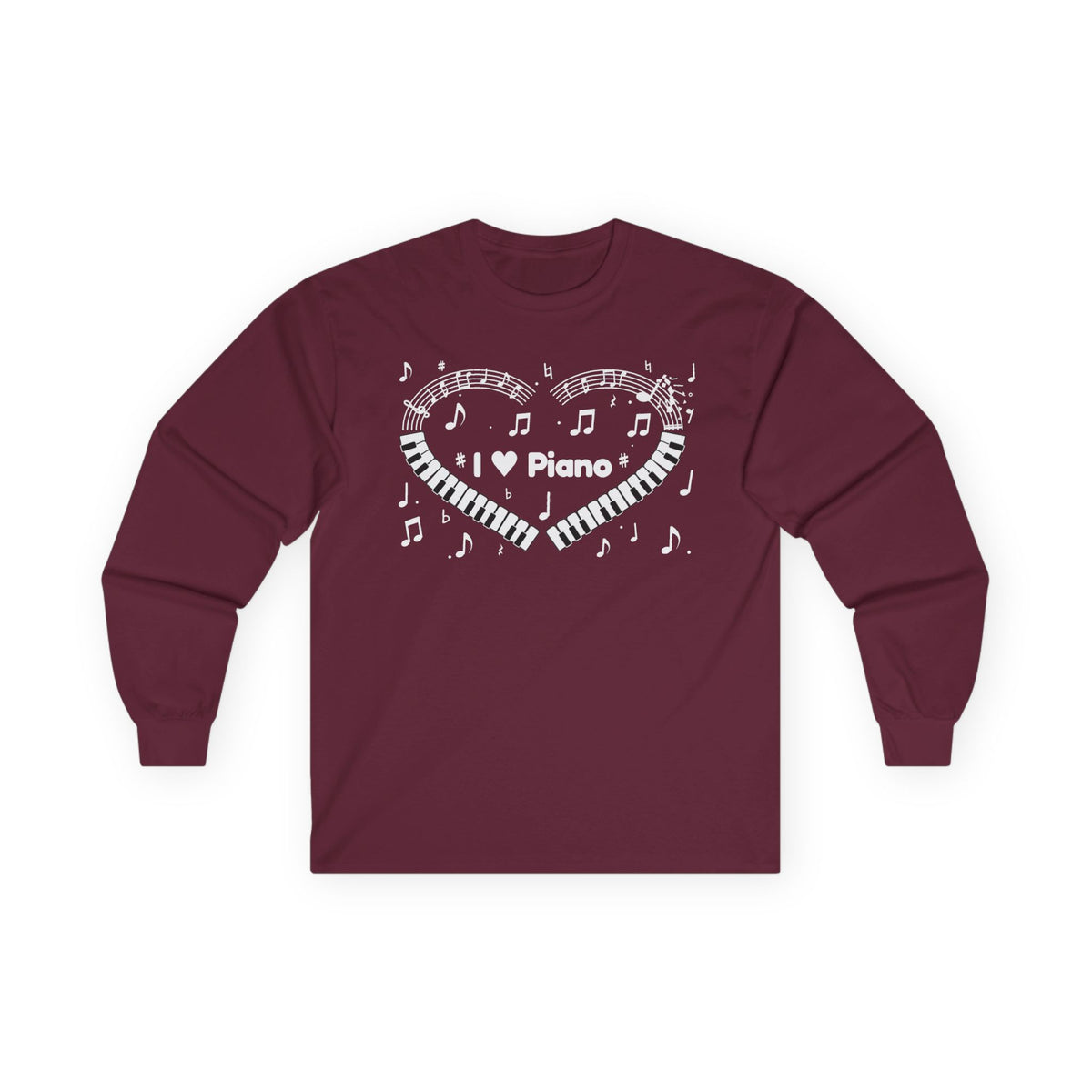 Music-themed Unisex Ultra Cotton Long Sleeve Tee: 'I love piano' heart - black & white