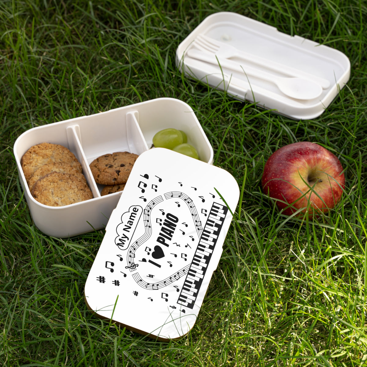 Music-themed Bento Lunch Box: 'I love piano' - black on white