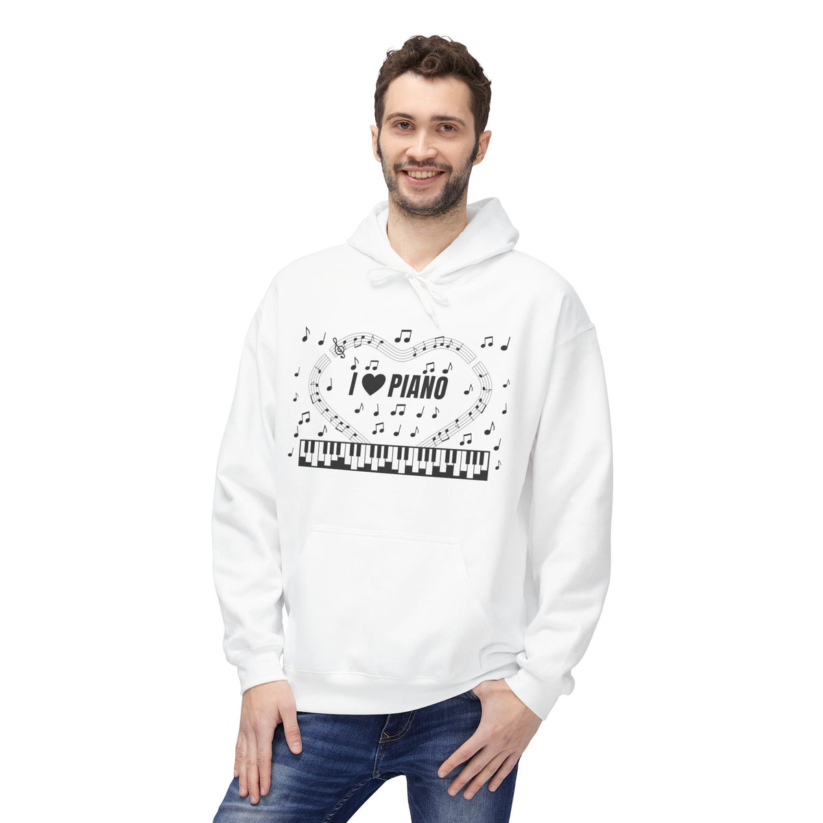 Music-themed Unisex Midweight Softstyle Fleece Hoodie: 'I love piano' - black on white