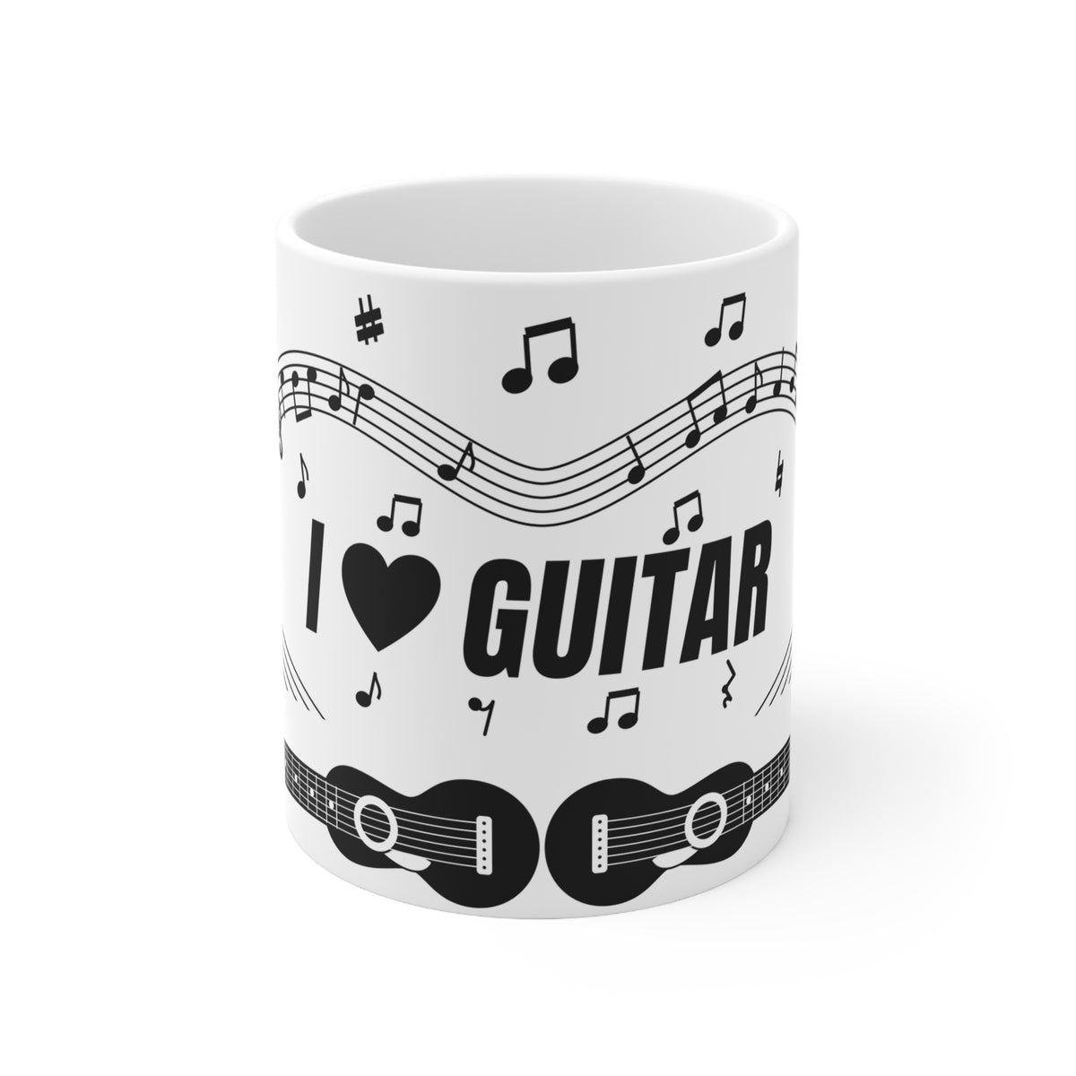Music-themed Ceramic Mug, 11oz, 15oz: 'I love guitar' - black on white