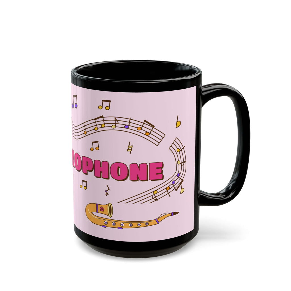 Music-themed Black Mug (11oz, 15oz): 'I love saxophone' - pink