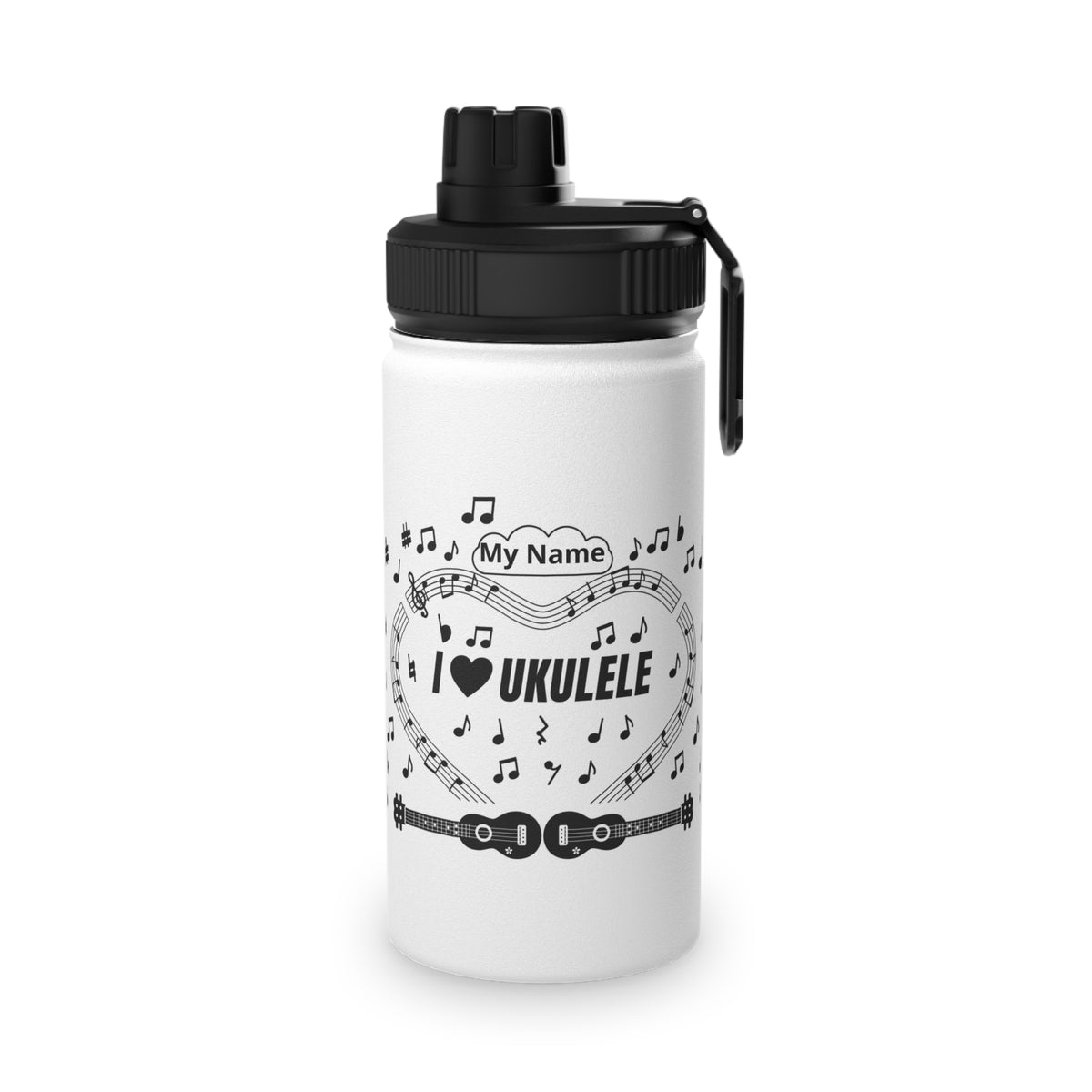 Music-themed Stainless Steel Water Bottle, Sports Lid: 'I love ukulele' - black on white