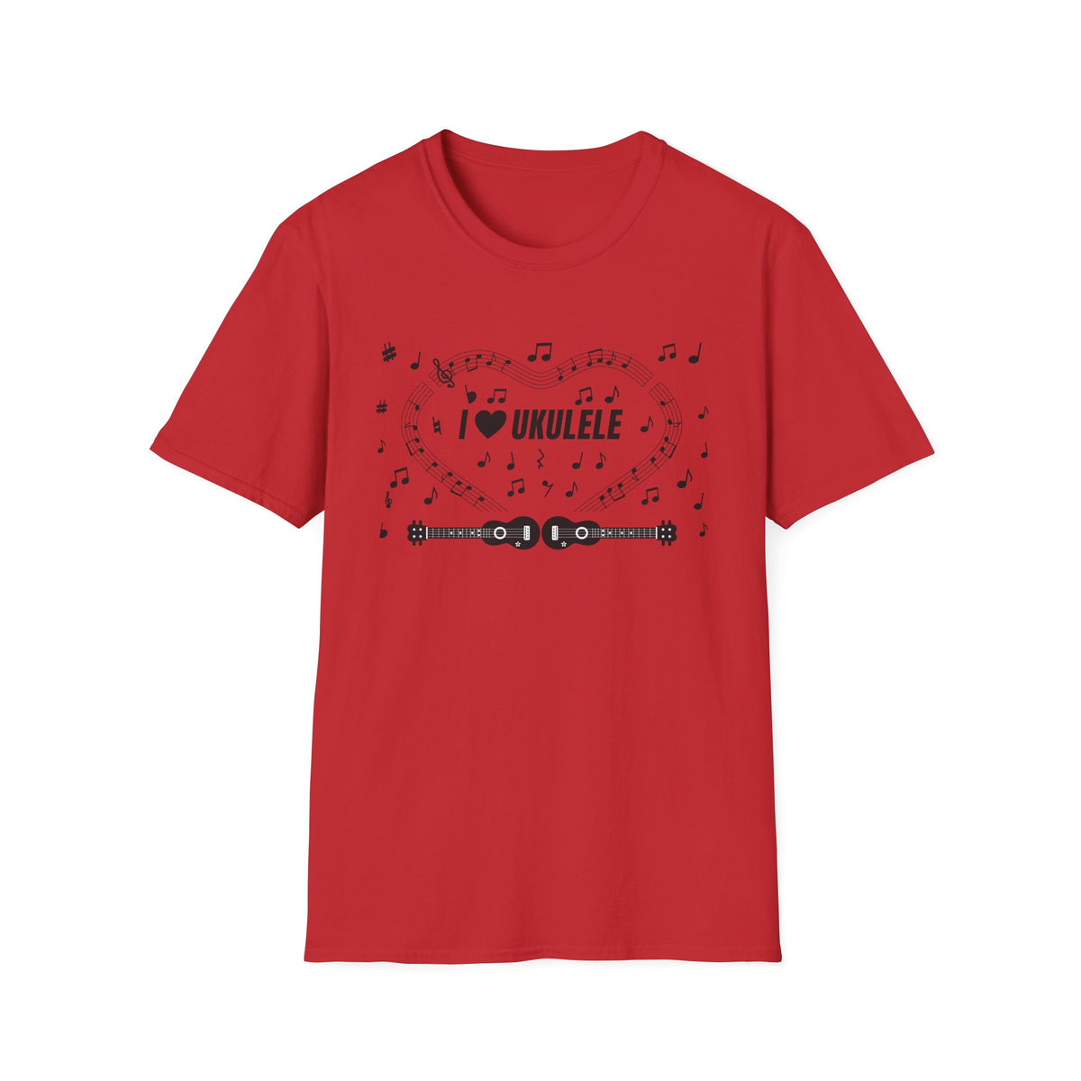 Music-themed Unisex Softstyle T-Shirt: 'I love ukulele' - black on white