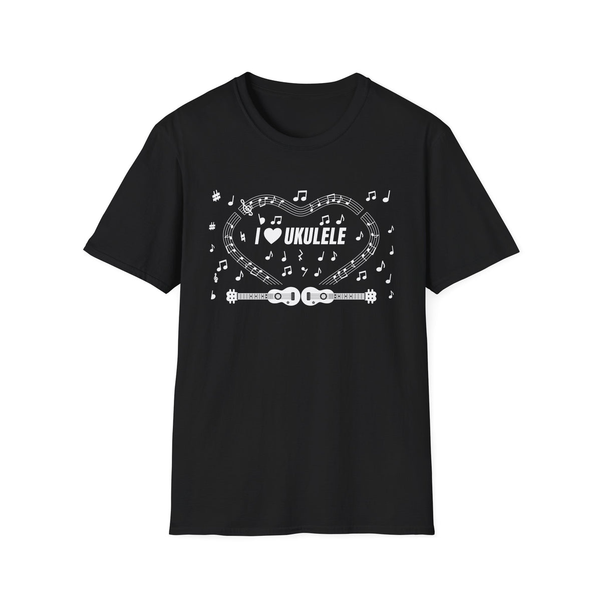 Music-themed Unisex Softstyle T-Shirt: 'I love ukulele' - black & white