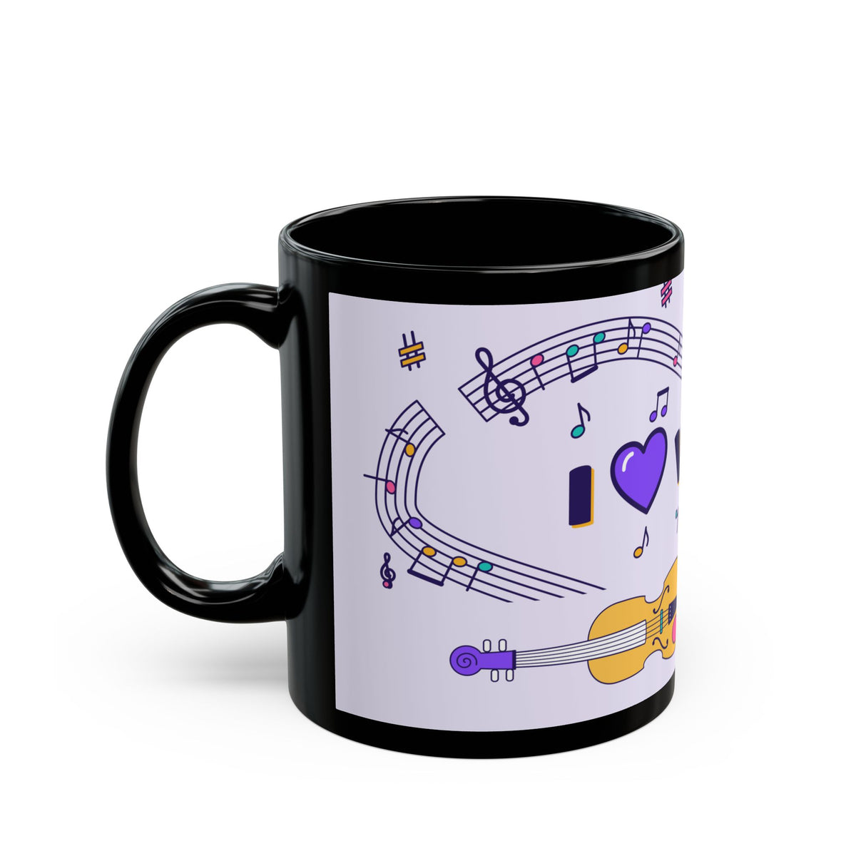 Music-themed Black Mug (11oz, 15oz): 'I love violin' - violet
