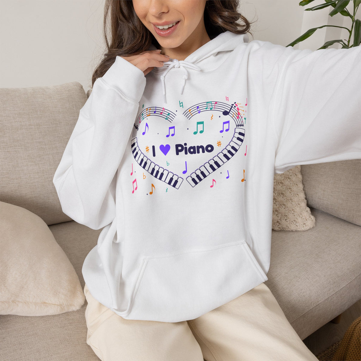 Music-themed Unisex Heavy Blend Hooded Sweatshirt: 'I love piano' heart - violet
