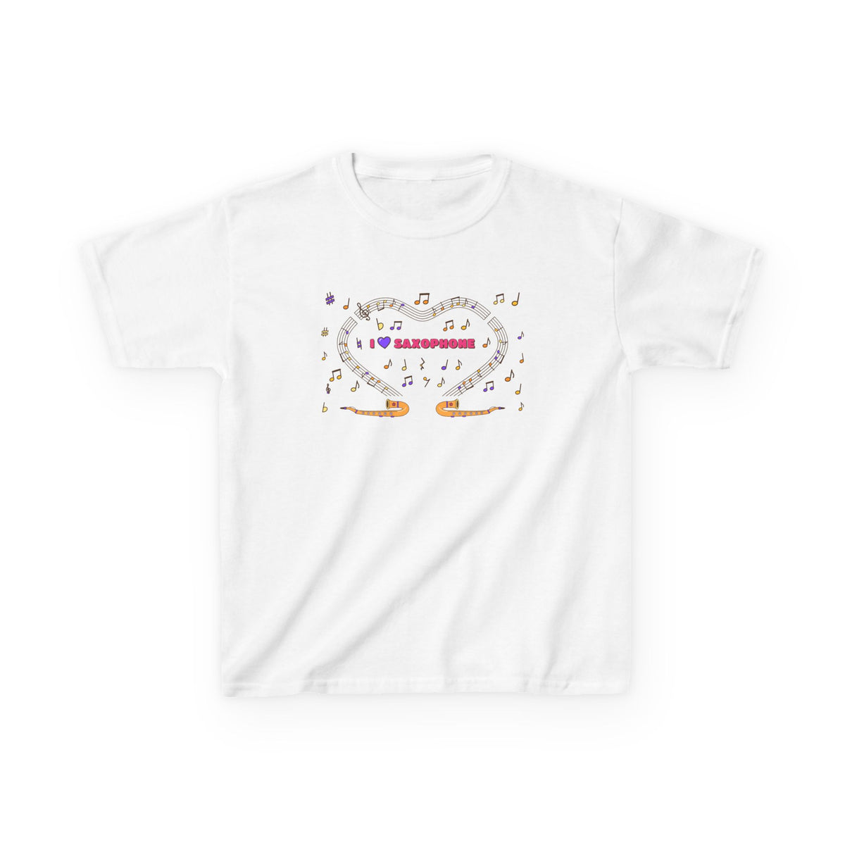 Music-themed Kids Heavy Cotton Tee: 'I love saxophone' - pink
