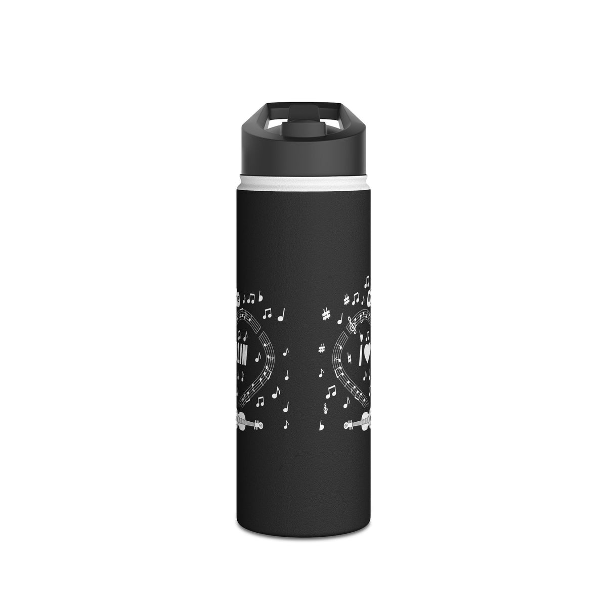 Music-themed Stainless Steel Water Bottle, Standard Lid: 'I love violin' - black & white