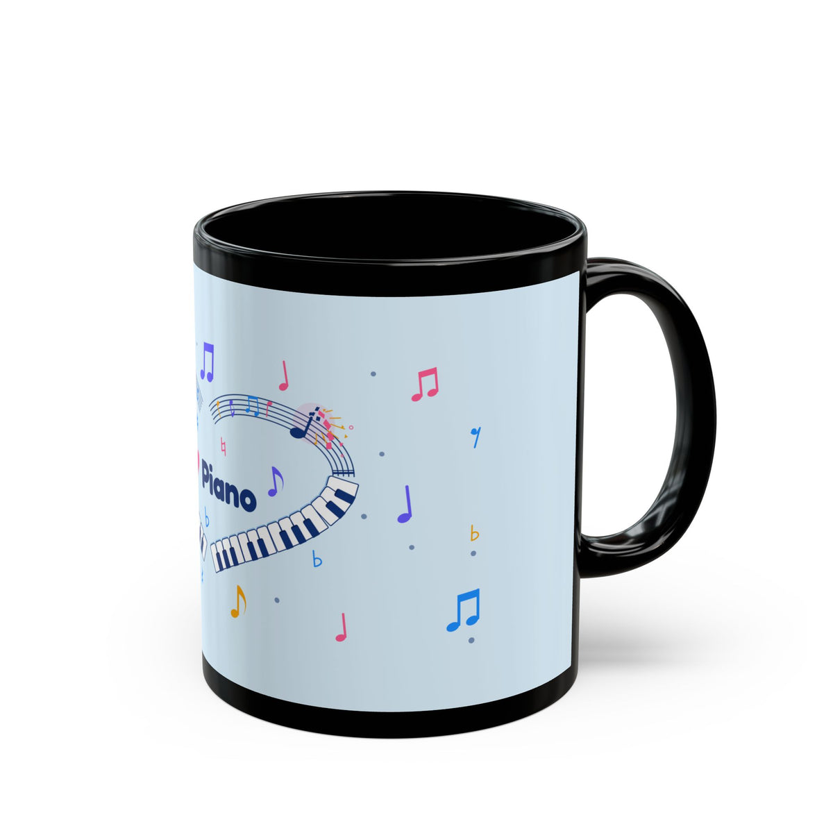 Music-themed Black Mug (11oz, 15oz): 'I love piano' heart - blue