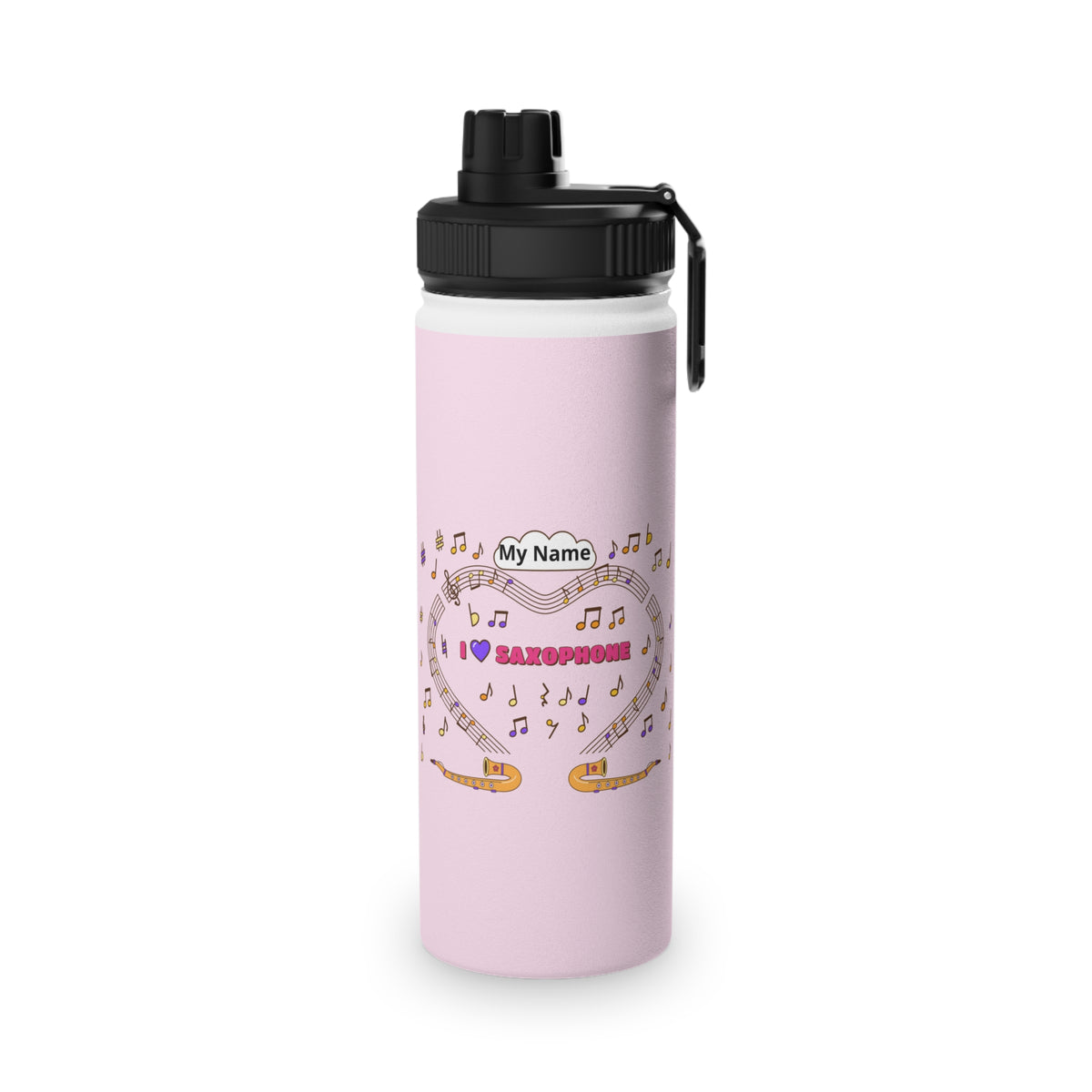 Music-themed Stainless Steel Water Bottle, Sports Lid: 'I love saxophone' - pink