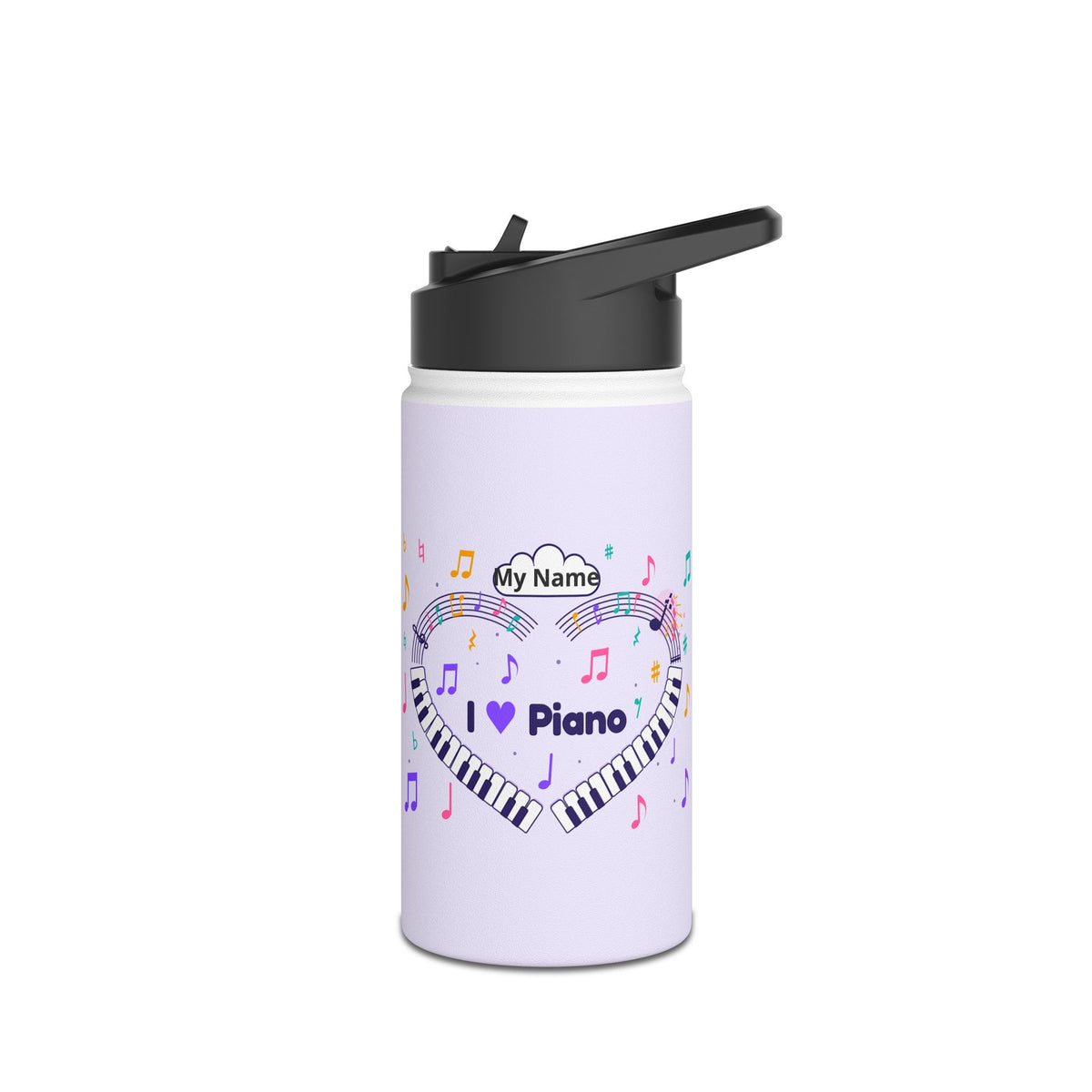 Music-themed Stainless Steel Water Bottle, Standard Lid: 'I love piano' heart - violet