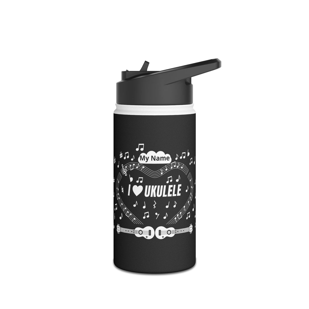 Music-themed Stainless Steel Water Bottle, Standard Lid: 'I love ukulele' - black & white