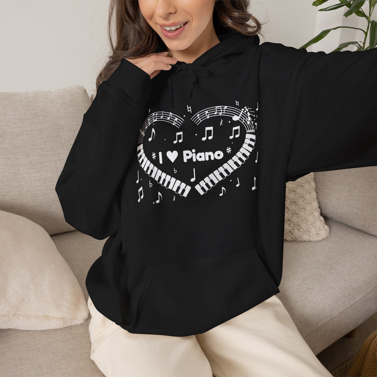 Music-themed Unisex Heavy Blend Hooded Sweatshirt: 'I love piano' heart - black & white