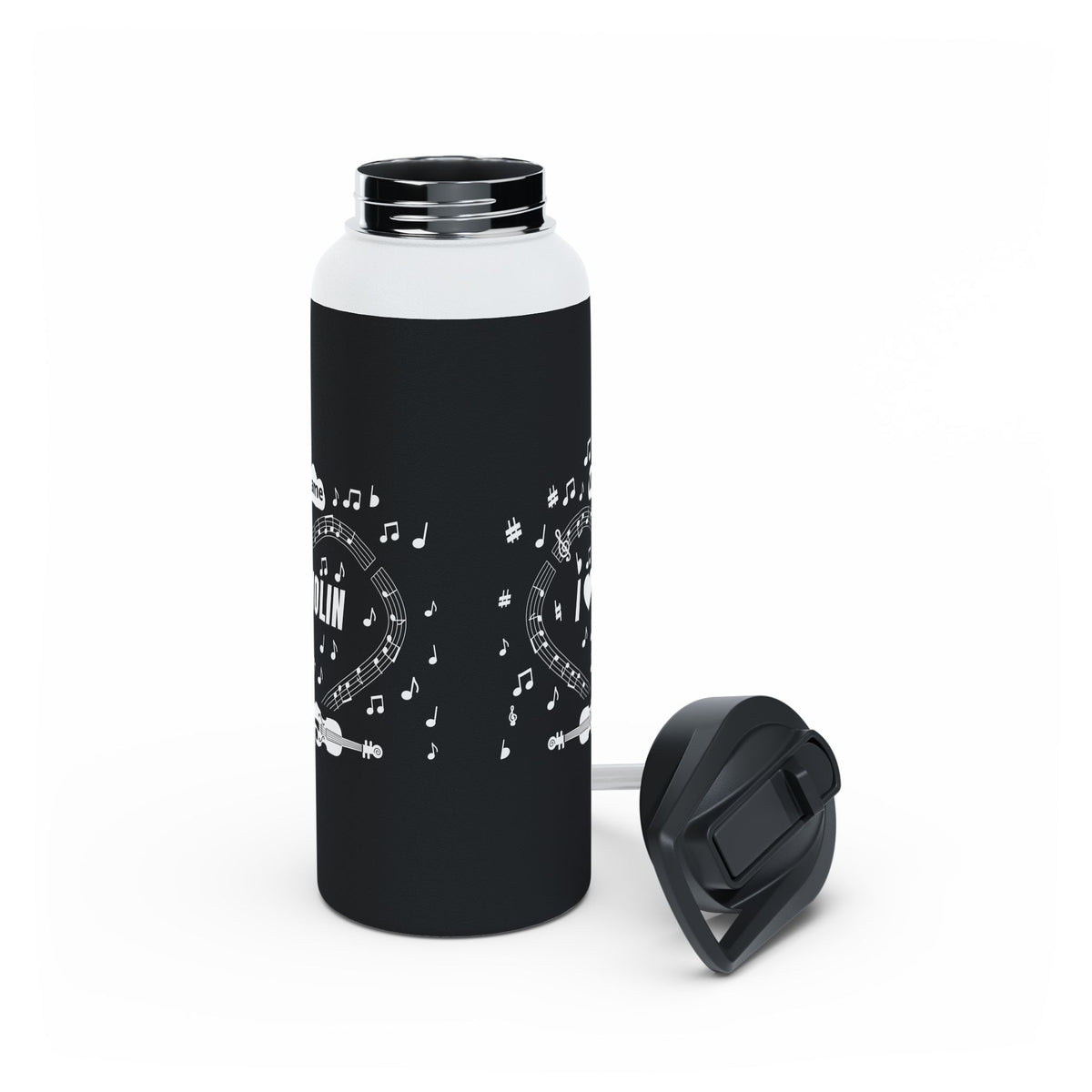 Music-themed Stainless Steel Water Bottle, Standard Lid: 'I love violin' - black & white