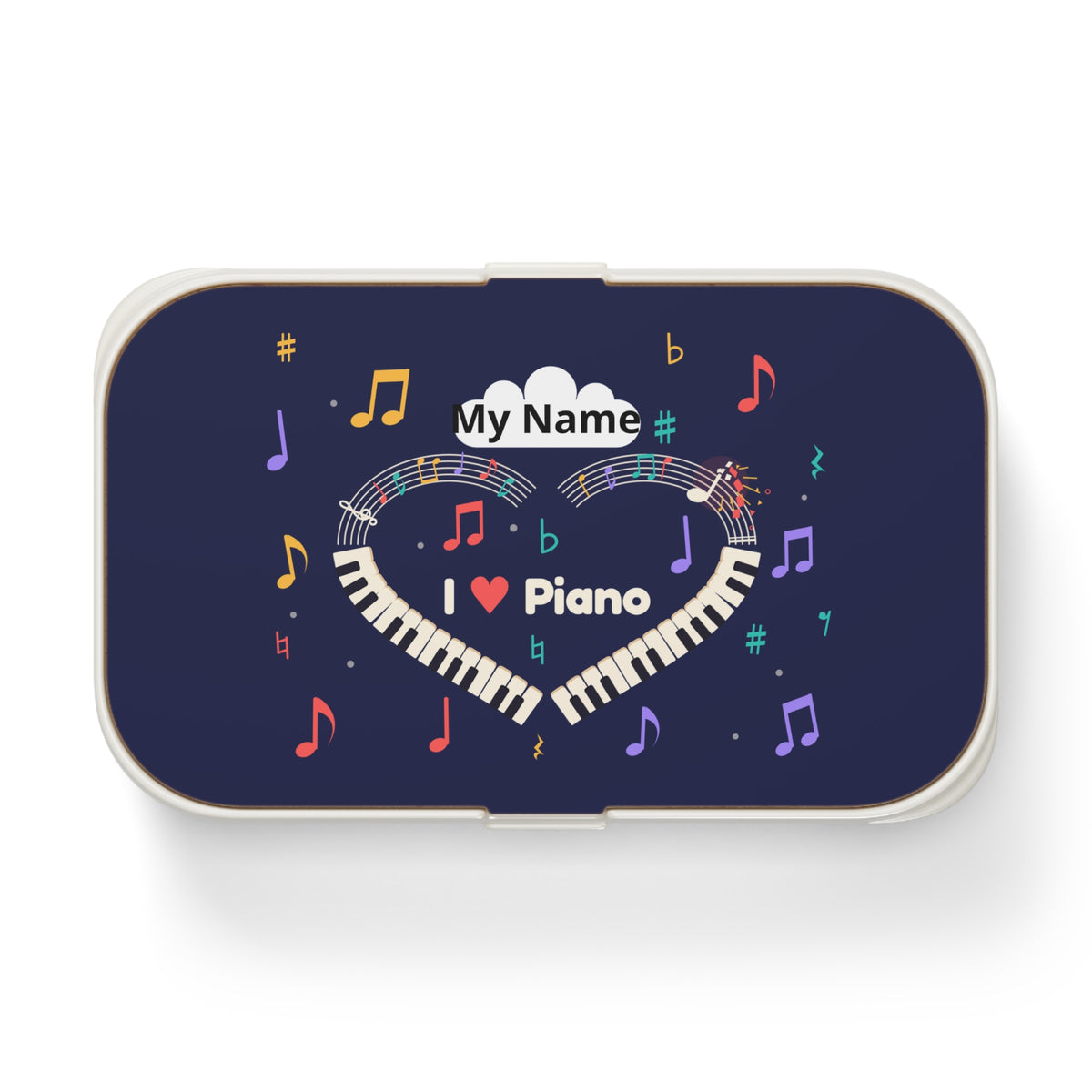 Music-themed Bento Lunch Box: 'I love piano' heart - navy