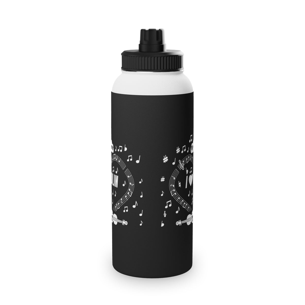 Music-themed Stainless Steel Water Bottle, Sports Lid: 'I love violin' - black & white