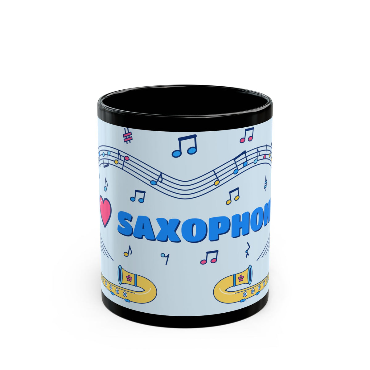 Music-themed Black Mug (11oz, 15oz): 'I love saxophone' - blue