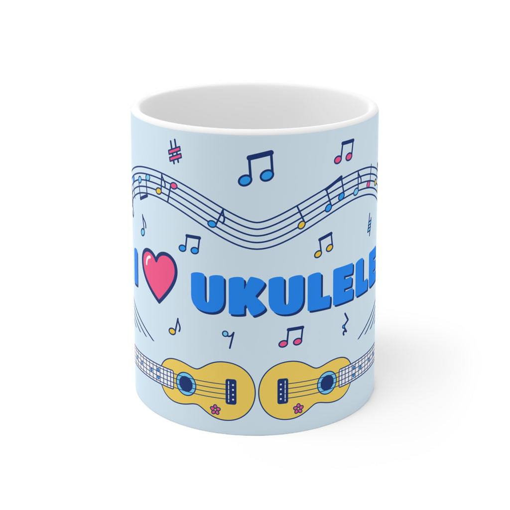 Music-themed Ceramic Mug, 11oz, 15oz: 'I love ukulele' - blue