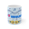 Music-themed Ceramic Mug, 11oz, 15oz: 'I love ukulele' - blue