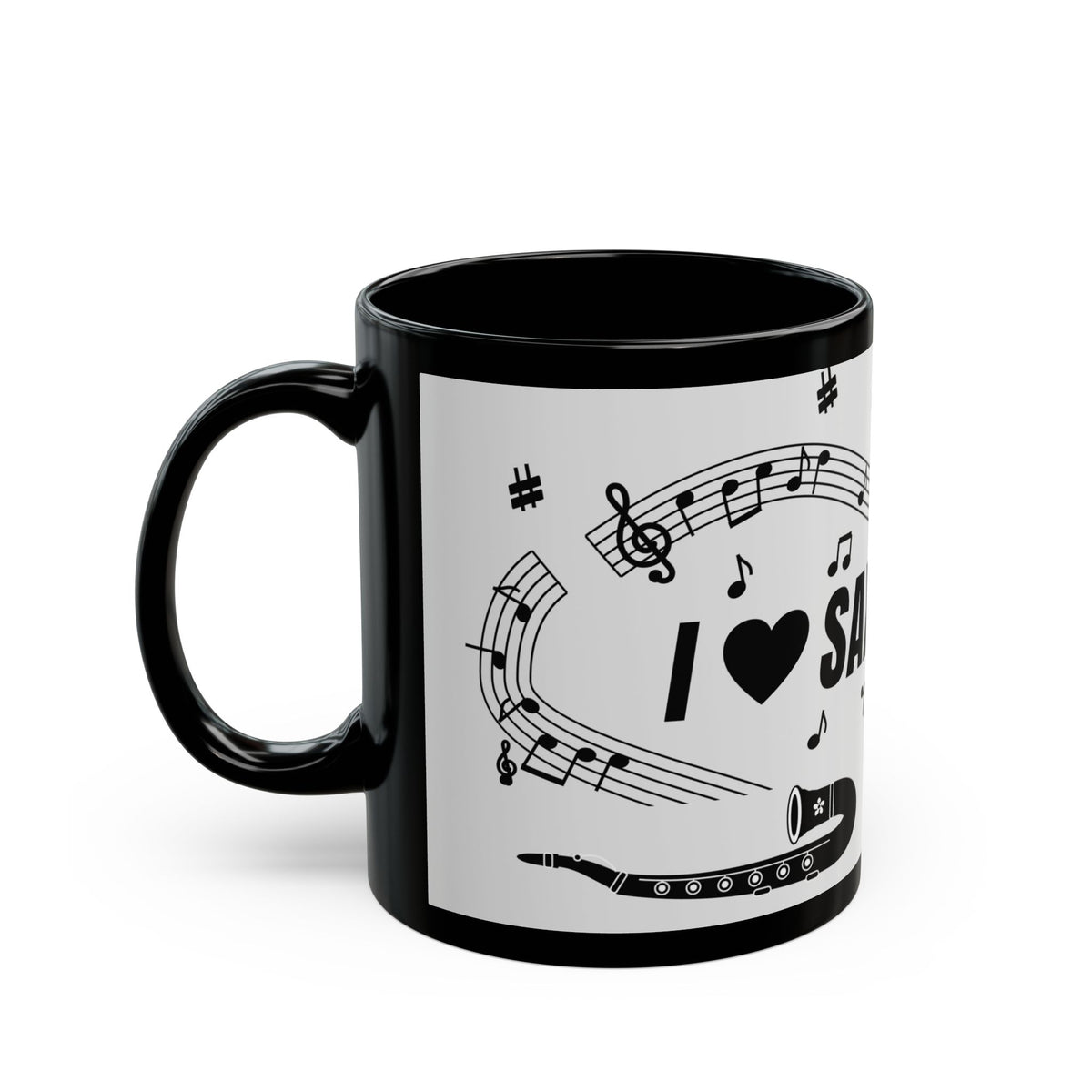 Music-themed Black Mug (11oz, 15oz): 'I love saxophone' - black on white