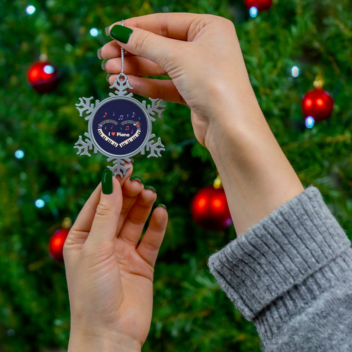 Music-themed Pewter Snowflake Ornament: 'I love piano' heart - navy