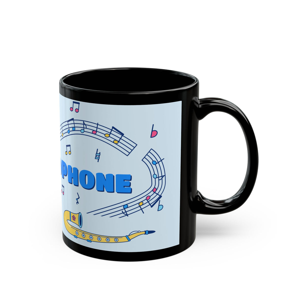 Music-themed Black Mug (11oz, 15oz): 'I love saxophone' - blue