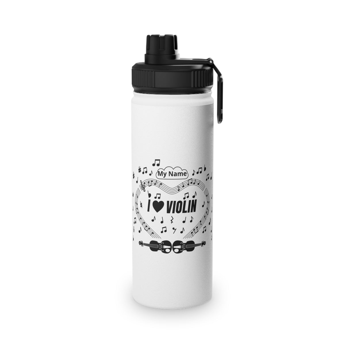 Music-themed Stainless Steel Water Bottle, Sports Lid: 'I love violin' - black on white