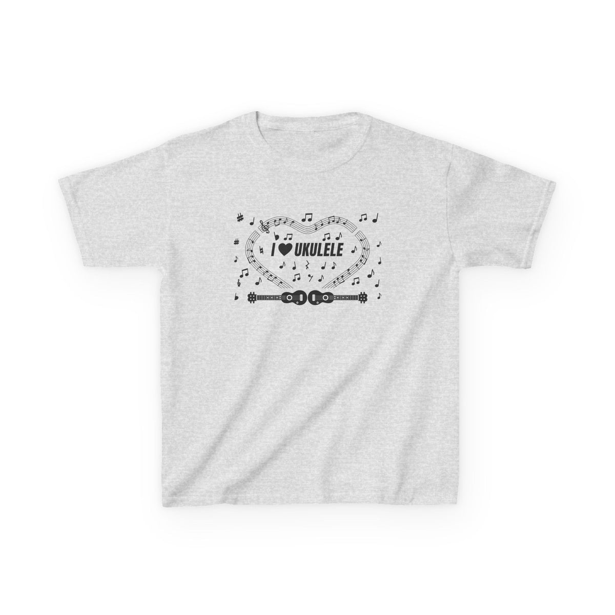 Music-themed Kids Heavy Cotton Tee: 'I love ukulele' - black on white