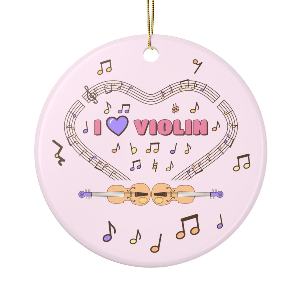 Music-themed Ceramic Ornaments, 2-Side Print: 'I love violin' - pink