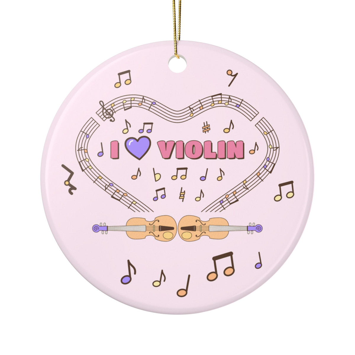 Music-themed Ceramic Ornaments, 2-Side Print: 'I love violin' - pink