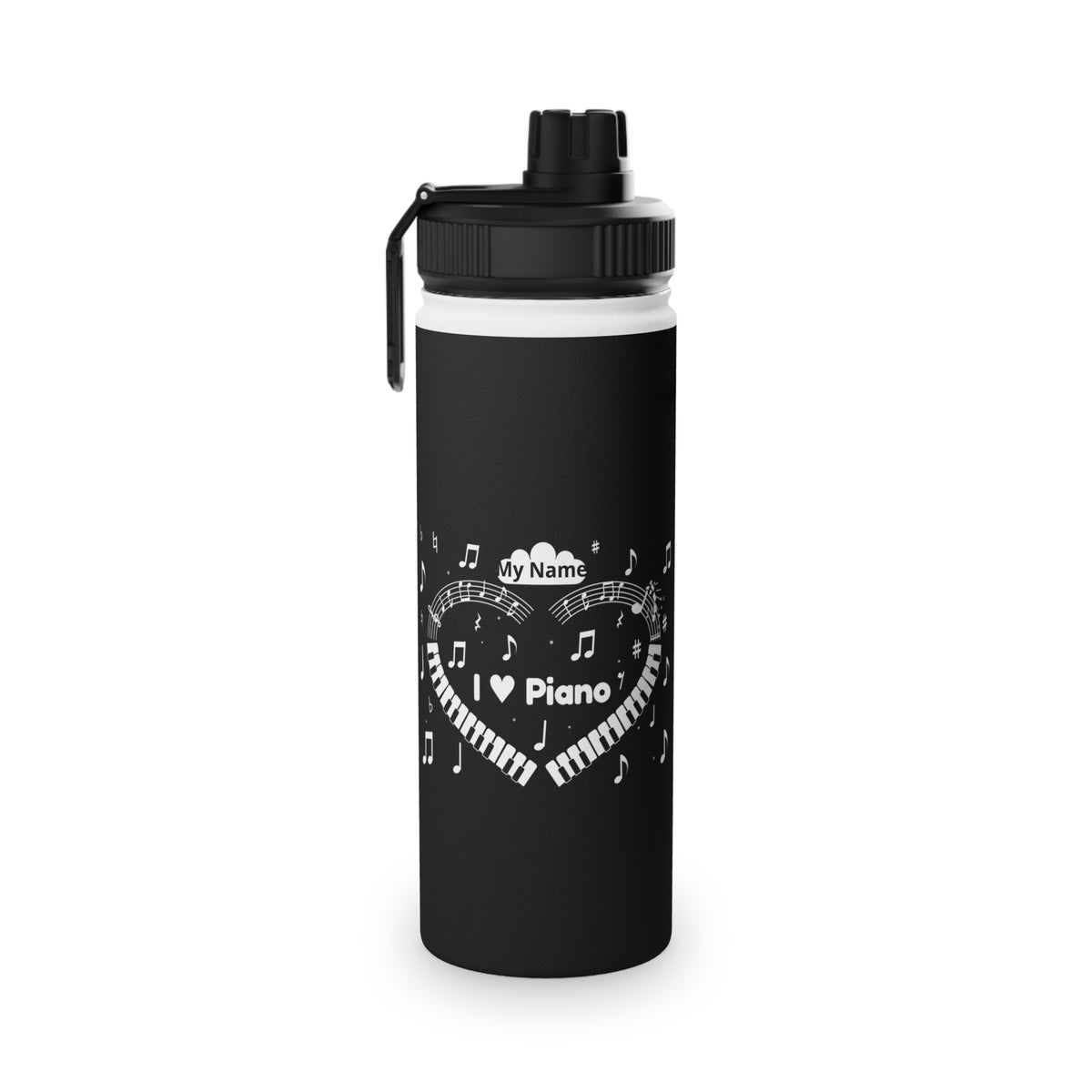 Music-themed Stainless Steel Water Bottle, Sports Lid: 'I love piano' heart - black & white