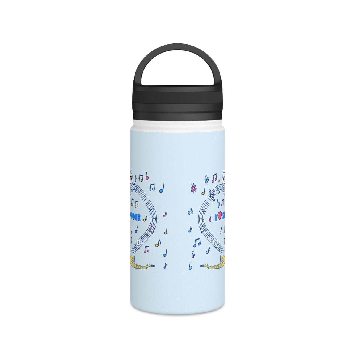 Music-themed Stainless Steel Water Bottle, Handle Lid: 'I love saxophone' - blue