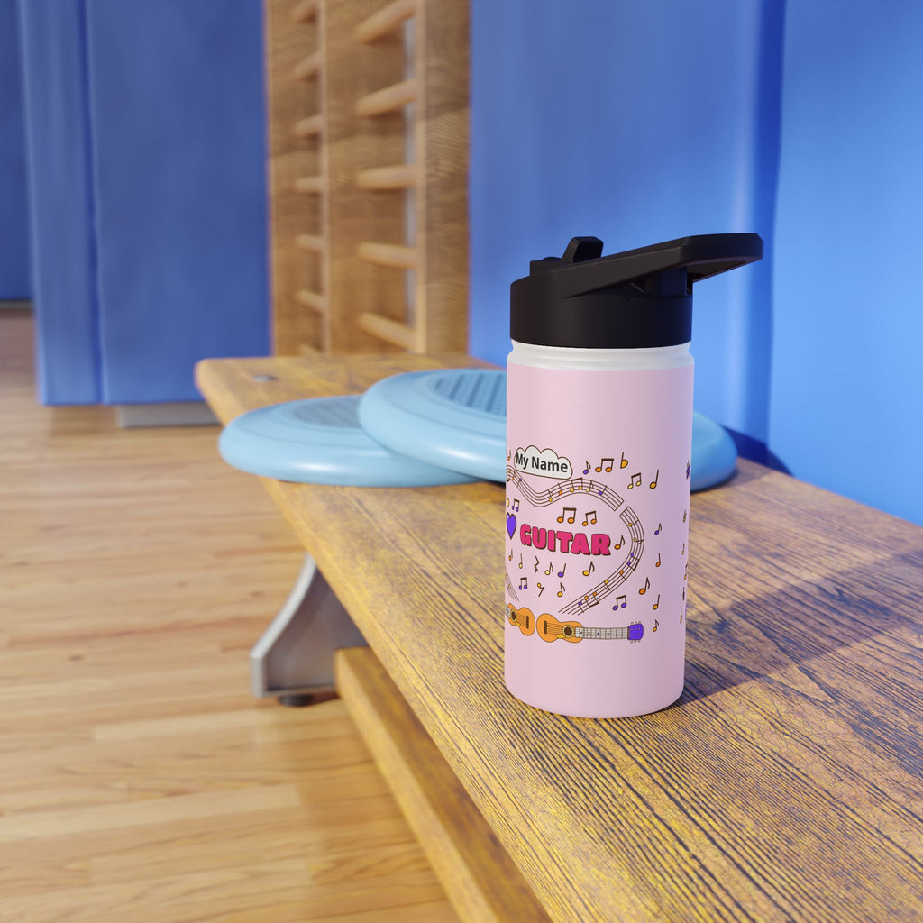 Music-themed Stainless Steel Water Bottle, Standard Lid: 'I love guitar' - pink
