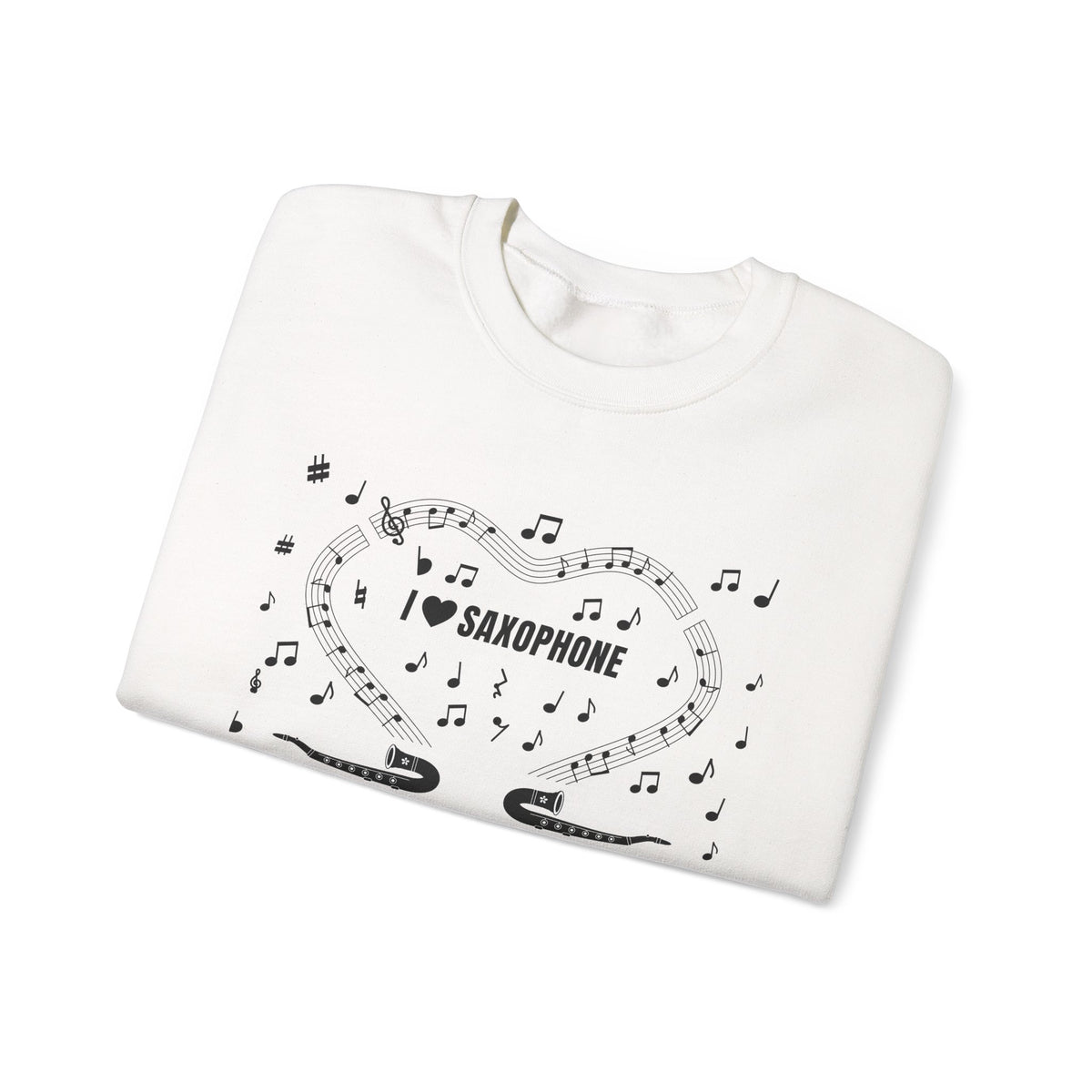 Music-themed Unisex Heavy Blend Crewneck Sweatshirt: 'I love saxophone' - black on white