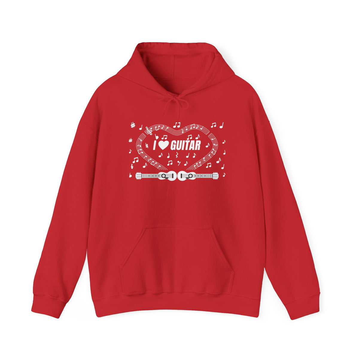 Music-themed Unisex Heavy Blend Hooded Sweatshirt: 'I love guitar' - black & white