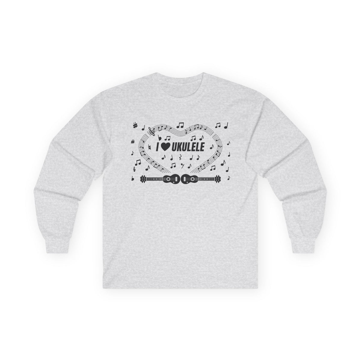 Music-themed Unisex Ultra Cotton Long Sleeve Tee: 'I love ukulele' - black on white