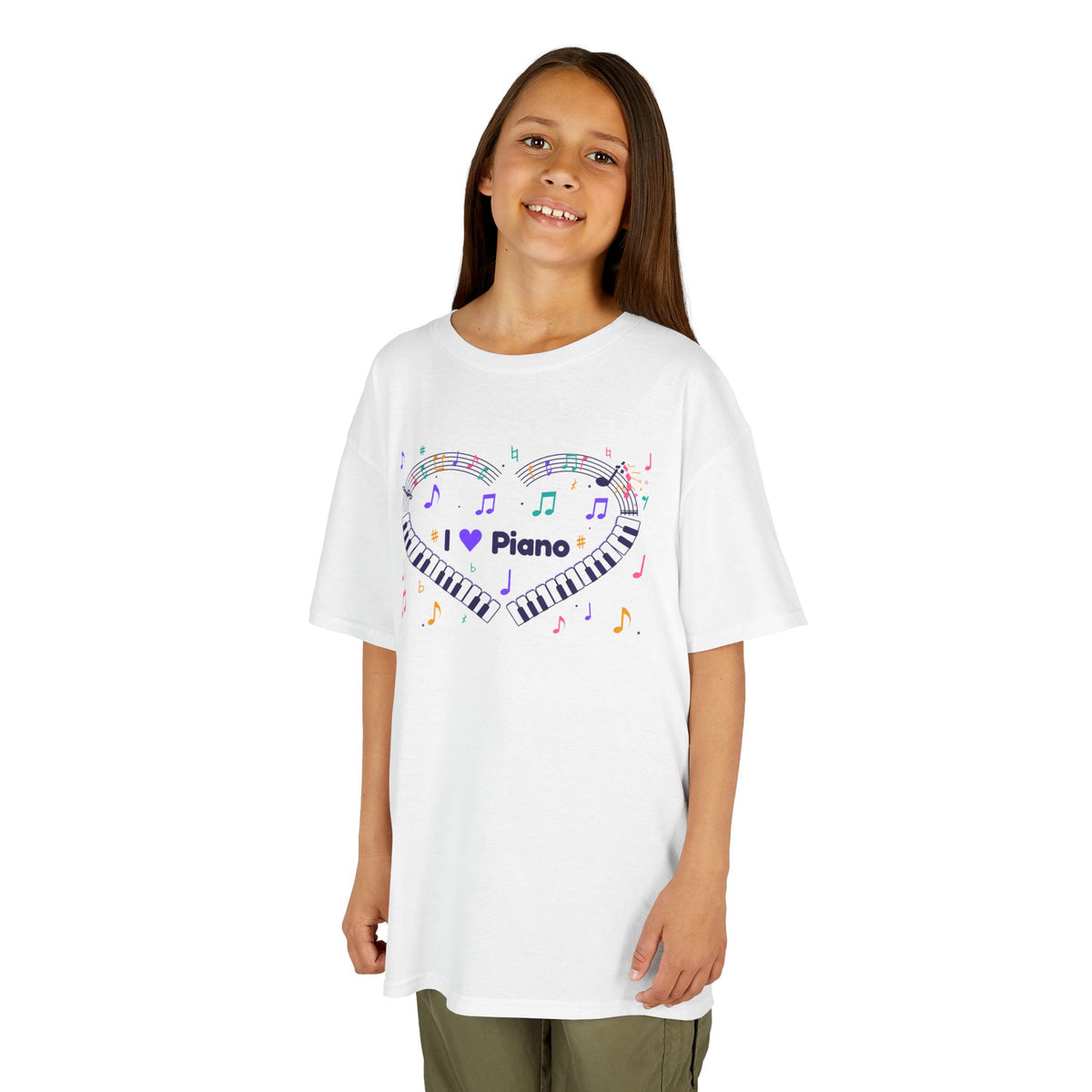 Music-themed Kids Heavy Cotton Tee: 'I love piano' heart - violet