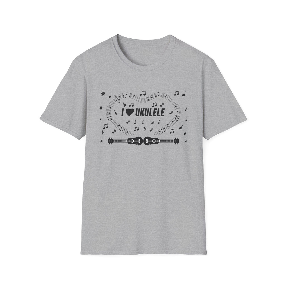 Music-themed Unisex Softstyle T-Shirt: 'I love ukulele' - black on white