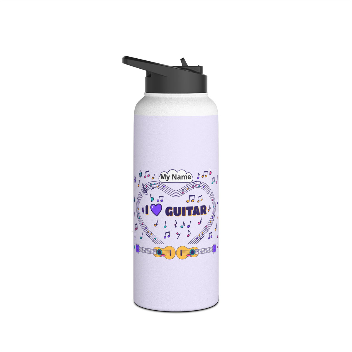 Music-themed Stainless Steel Water Bottle, Standard Lid: 'I love guitar' - violet